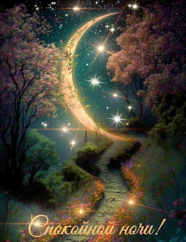 Картинка спокойной ночи с волшебным лесом, звездочками и огромной луной