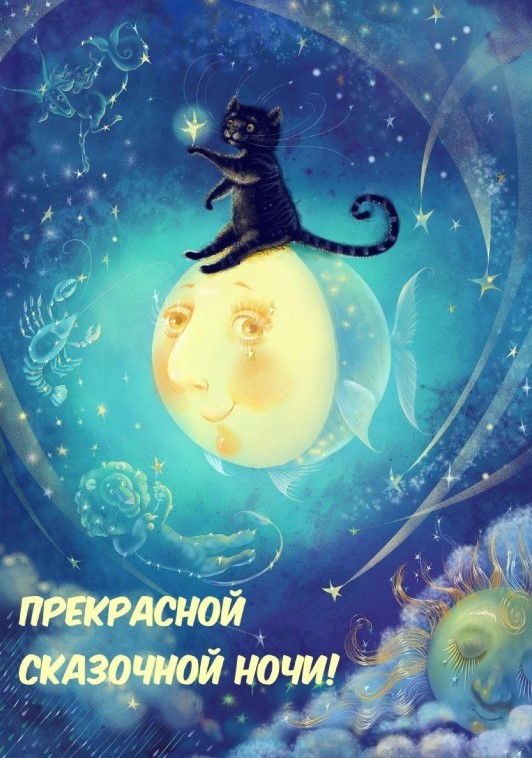 Кот сидит на луне и желает прекрасной сказочной ночи