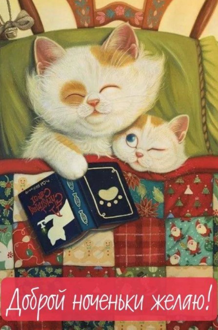 Картинка с пожеланием доброй ночи, котенком и мамой-кошкой