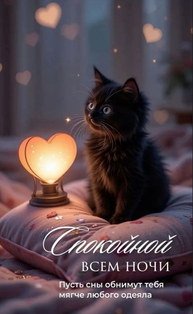 Милый черный котенок сидит на подушке рядом со светящимся ночником в форме сердца, надпись Спокойной ночи