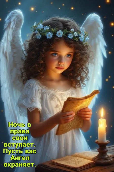 Маленький ангел с крыльями читает книгу при свечах, пожелание спокойной ночи