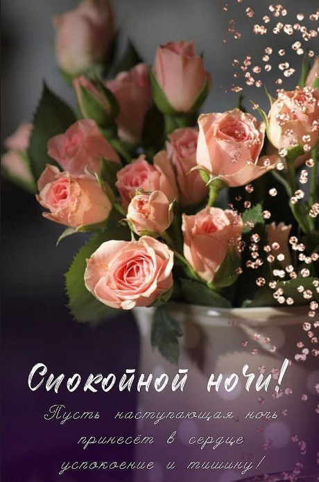 Красивый букет нежно-розовых роз в вазе с надписью Спокойной ночи и золотистыми блестками