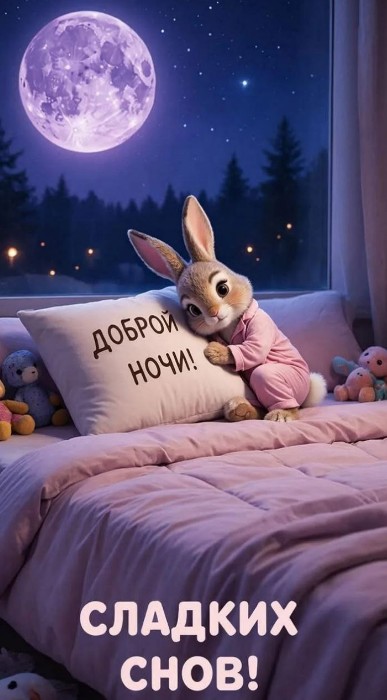Милый мультяшный зайчик в розовой пижаме обнимает подушку с надписью Доброй ночи на фоне ночного пейзажа с луной.