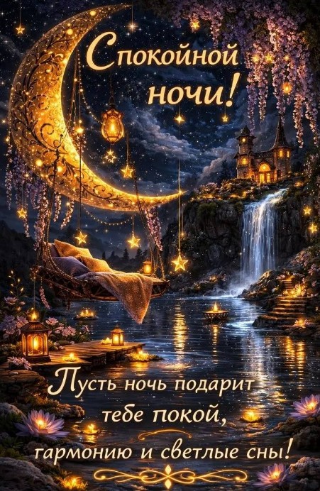 Волшебная открытка Спокойной ночи с золотым месяцем, подвесной кроватью над водой, водопадом и сказочным замком на фоне звездного неба
