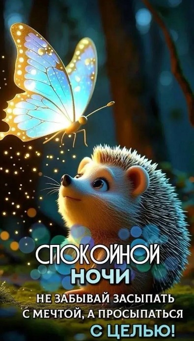 Милый ежик смотрит на светящуюся бабочку в лесу, надпись Спокойной ночи