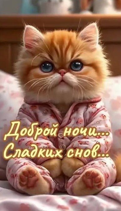 Милый рыжий котенок с большими глазами в розовой пижаме желает доброй ночи и сладких снов