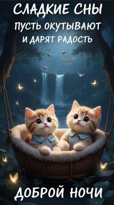 Два милых рыжих котенка сидят в плетеной корзинке на фоне ночного водопада и светлячков с надписью Сладких снов