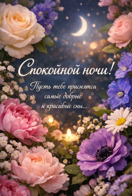 Открытка с пожеланием спокойной ночи, украшенная нежными розовыми розами, фиолетовыми цветами, свечой и луной на ночном небе