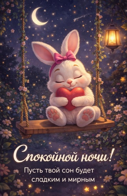 Открытка Спокойной ночи с милым зайчиком и сердечком