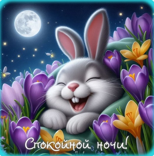 Милый мультяшный кролик улыбается среди фиолетовых и желтых крокусов на фоне ночного неба с полной луной