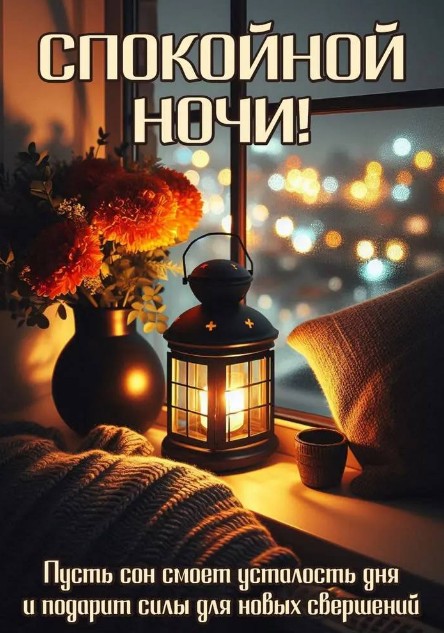 Открытка Спокойной ночи: уютный вечер с фонариком и цветами