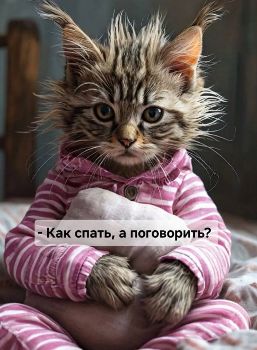 Открытка с милым котенком: Как спать, а поговорить?
