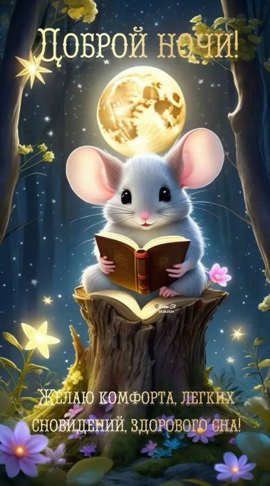 Красивая открытка Доброй ночи с милым мышонком и книгой
