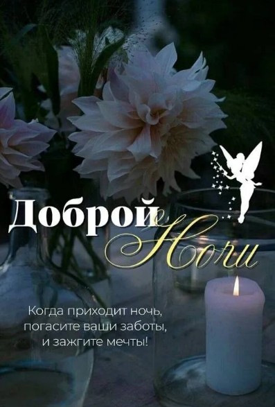 Красивая открытка Доброй ночи с цветами и свечой