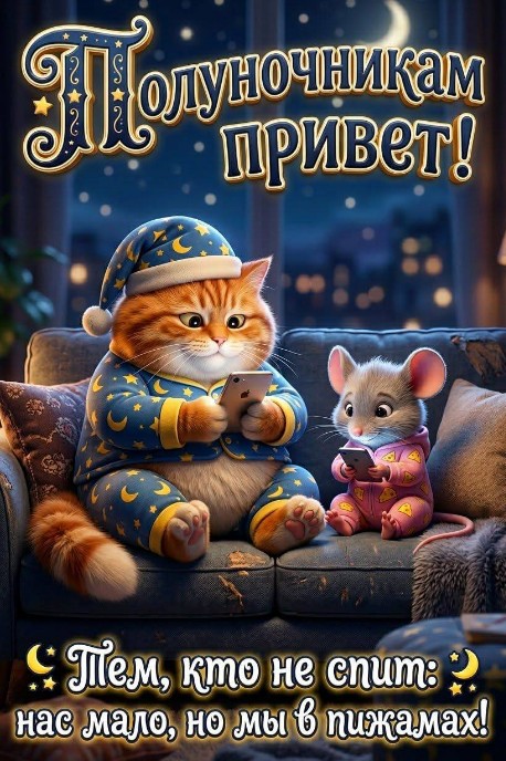 Открытка Полуночникам привет: милый кот и мышонок в пижамах