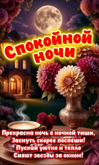 Красивая открытка Спокойной ночи с цветами и луной