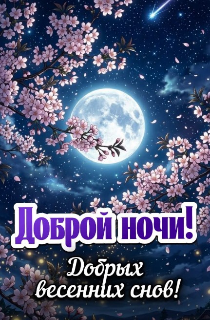 Красивая открытка Доброй ночи с весенними цветами и луной