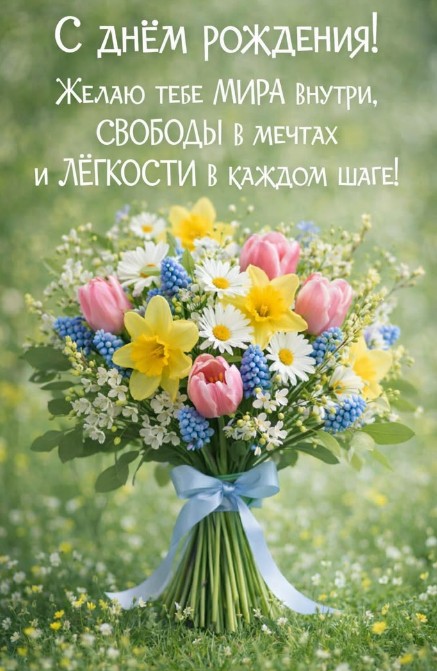 Праздничная открытка с днем рождения с букетом весенних тюльпанов, нарциссов и мускари, перевязанным голубой лентой