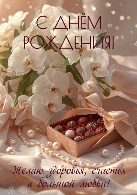 Элегантная открытка с днем рождения, украшенная белыми орхидеями, жемчугом и коробкой шоколадных конфет с лентой