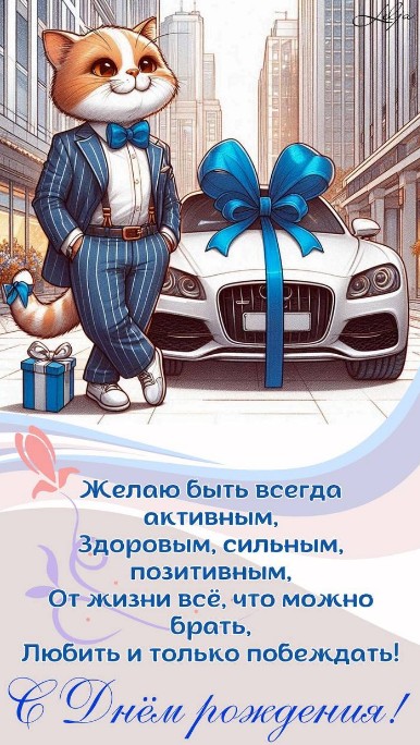 Открытка с Днем Рождения мужчине: стильный кот в костюме
