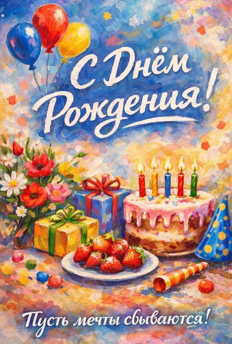 Красивая открытка с днем рождения: торт, подарки и цветы