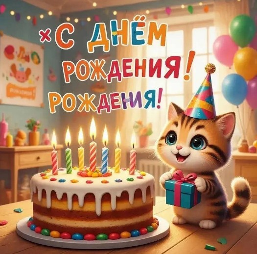 Открытка с Днем Рождения: милый котенок с подарком и тортом