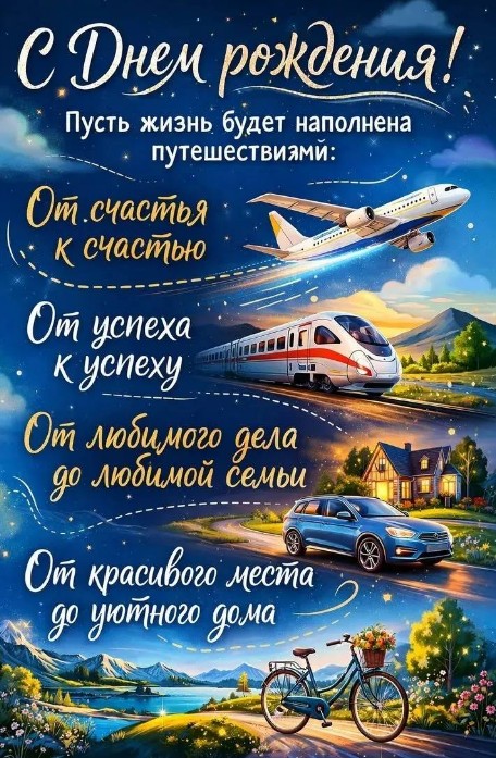 Красивая открытка С Днем Рождения с пожеланием путешествий