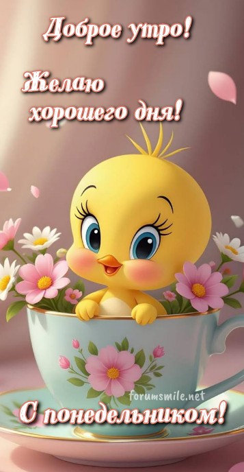 Милый желтый цыпленок сидит в красивой чайной чашке с цветами, пожелание доброго утра и хорошего понедельника