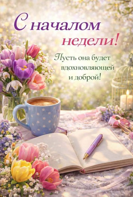 Открытка с началом недели: букет тюльпанов, чашка кофе и открытый блокнот с ручкой на столе