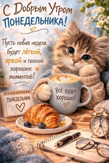 Открытка с добрым утром понедельника с  пожеланием хорошего дня.