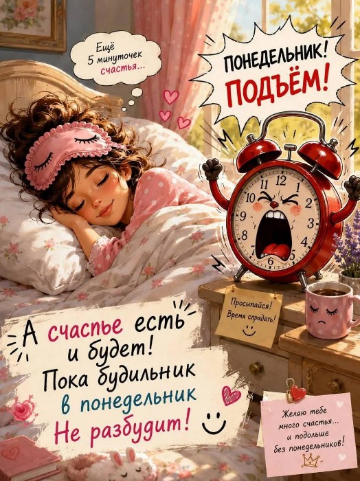 Понедельник — подъем! Смешная картинка с будильником
