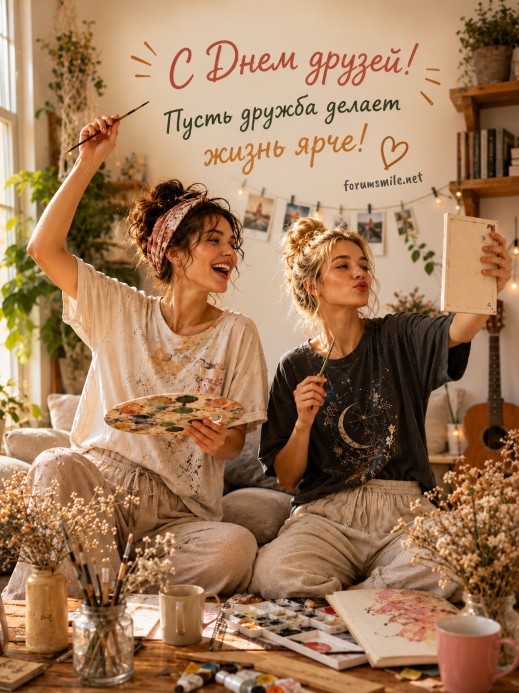 Две молодые подруги-художницы рисуют вместе в уютной светлой студии, надпись С Днем друзей