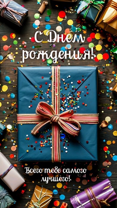 Подарочная коробка в синей упаковке с бантом на деревянном фоне с разноцветным конфетти и надписью С днем рождения 