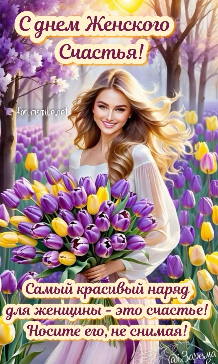  С днем женского счастья - открытка девушка с тюльпанами