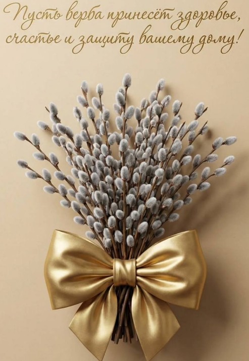 Открытка с Вербным воскресеньем - веточка вербы с золотым бантом