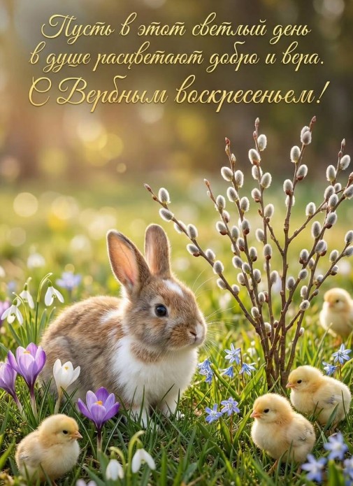 Красивая открытка на Вербное воскресенье с кроликом и цыплятами