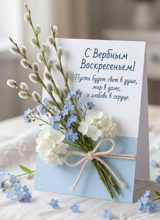 Поздравительная открытка на Вербное воскресенье с букетом из веточек вербы, белых цветов и голубых незабудок, перевязанных шпагатом.