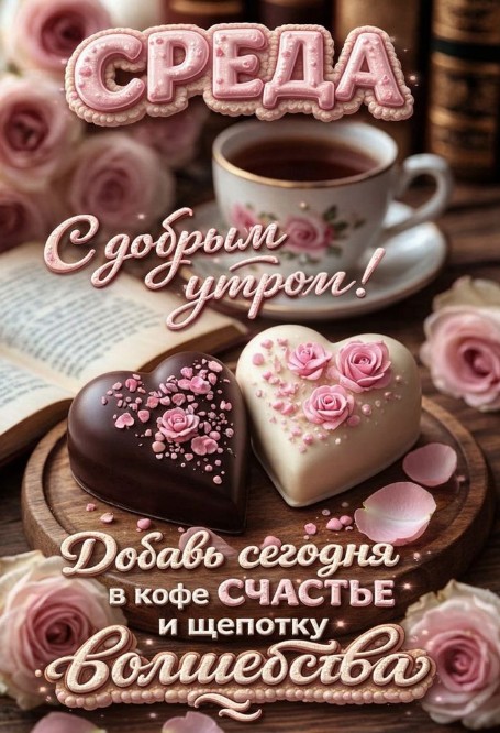 Открытка С добрым утром в среду с кофе и сердечками