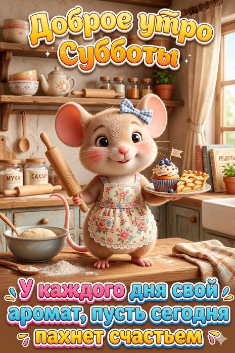 Открытка Доброе утро субботы с милой мышкой и выпечкой