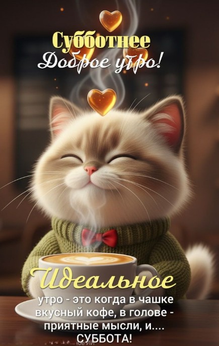 Открытка с добрым субботним утром с милым котиком и кофе
