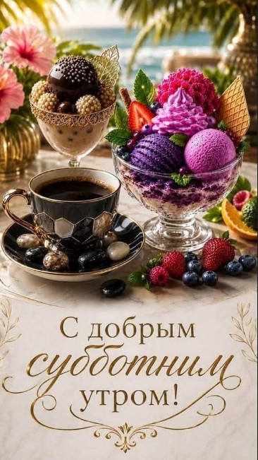 Открытка с добрым субботним утром: кофе и десерты