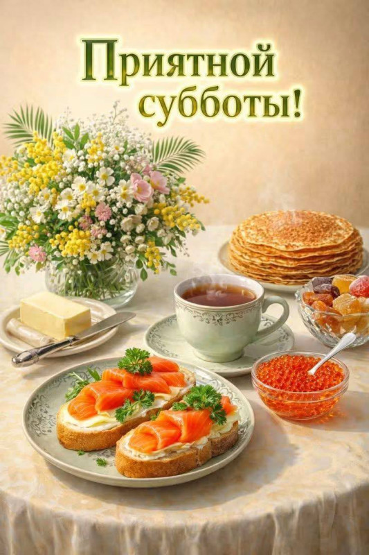 Открытка с пожеланием приятной субботы и вкусным завтраком