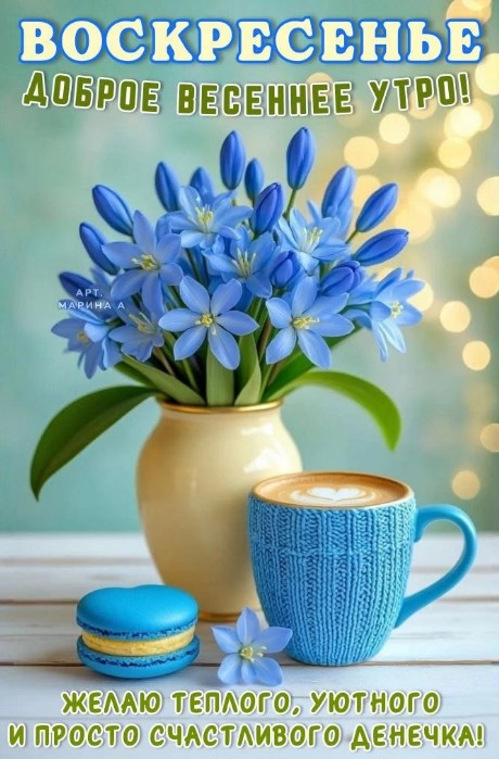 Красивая открытка с добрым воскресным утром, букет голубых цветов в вазе, чашка кофе в вязаном чехле и голубой макарун