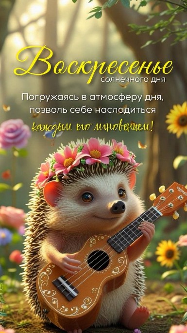 Открытка с добрым воскресеньем: милый ежик с укулеле