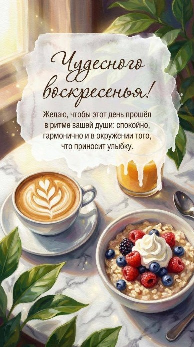 Открытка с добрым воскресеньем: уютный завтрак и пожелания