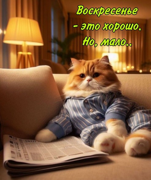 Открытка с милым котом в пижаме: Воскресенье — это хорошо