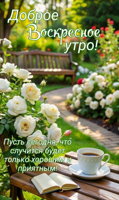 Открытка Доброе воскресное утро с белыми розами и кофе