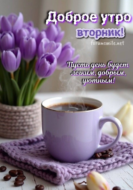 Красивая открытка Доброе утро вторник с букетом фиолетовых тюльпанов в вязаном горшке и чашкой горячего кофе на столе