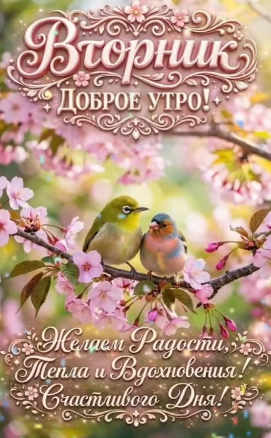 Открытка с добрым утром во вторник с птичками и цветами