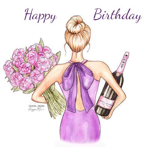 Открытка Happy birthday девушка с цветами и шампанским